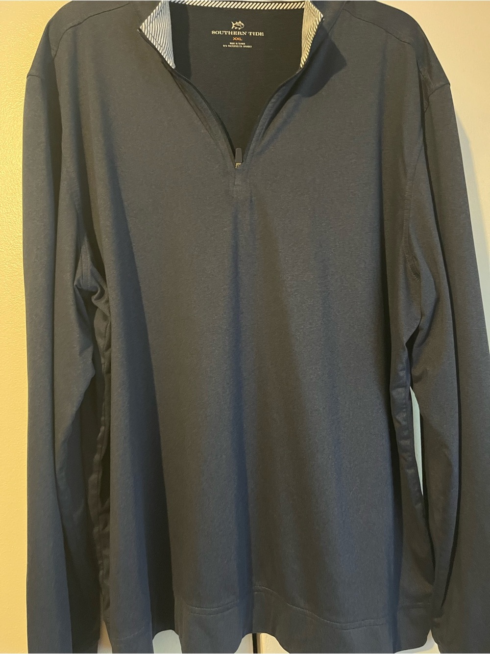 Southern Tide Navy Half-Zip Pullover with Striped Collar Accent